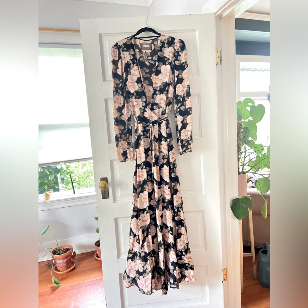 Reformation black dress with pink roses print. Long V neck, wrap dress.